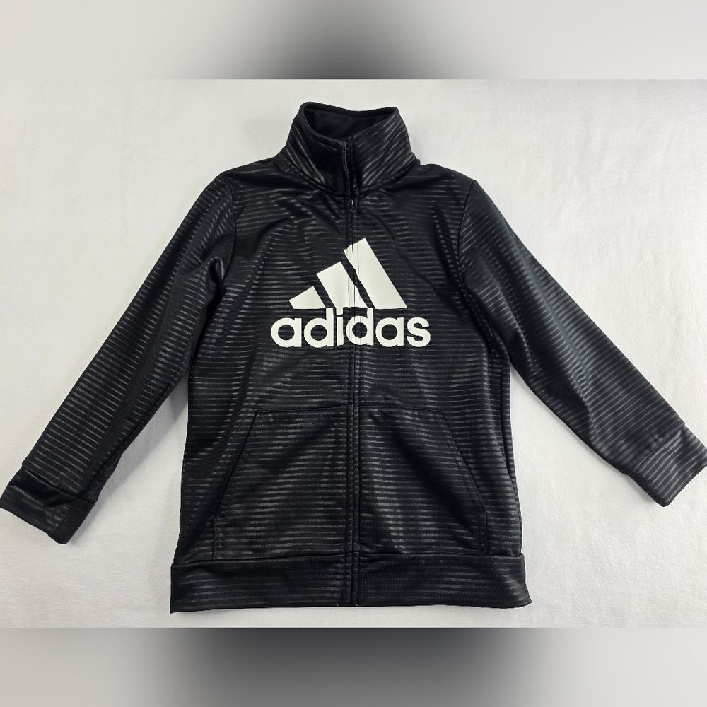 Adidas Boys Sz 7 Black Tonal Stripe Zip Up Logo Track Jacket W/ Pockets 3344-CB